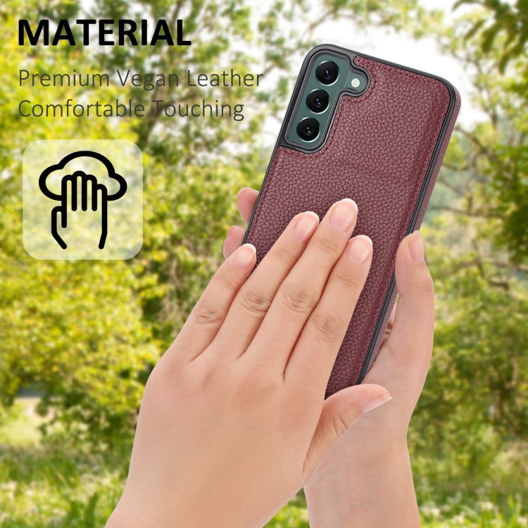 Samsung Galaxy S22+ 5G phone case with litchi pattern, showcasing its stitched design and side-mounted features.